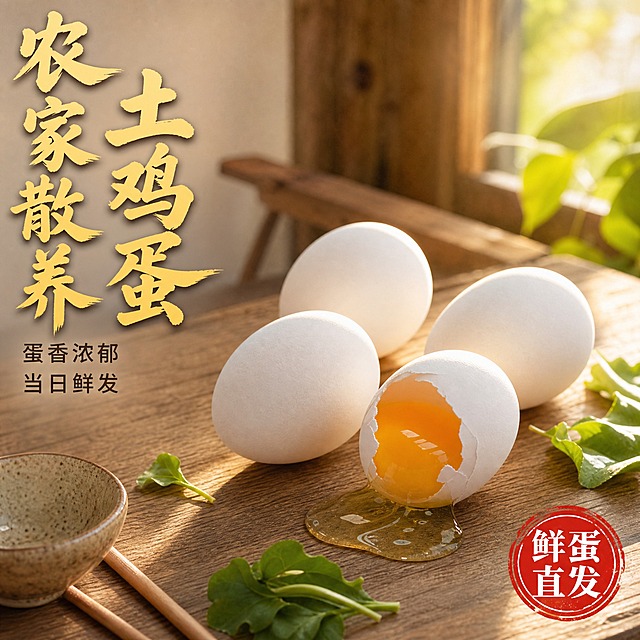 [主图-1] 首图点击率 农家散养白壳土鸡蛋 食欲诱惑与场景代入。
[统一基调] 抖音食品风格 自然暖阳逆光 暖木色与米白色为主色调 主标题用粗厚书法体 字色暖黄加浅阴影 辅助文案用清爽黑体 字号明显小于主标题 强调字用圆章样式 整体画面通透有食欲 无多余边框。
[画面] 画面中央偏右摆放4颗完整白壳土鸡蛋 其中1颗被轻轻磕开 金黄饱满的蛋黄微微流出 蛋白清澈透亮 旁边放一双木筷和一只粗陶小碗 背景是温馨的原木餐桌 窗边洒进柔和的自然光 桌面上散落几片新鲜的绿色菜叶点缀 鸡蛋表面有细腻的自然纹理 蛋壳呈温润的乳白色 主体占画面约65% 左上方留出负空间放文字。
[光影质感] 自然暖阳逆光 从右后方斜射 鸡蛋边缘有柔和的轮廓光 桌面有自然的投影 蛋壳呈现温润的哑光质感 蛋黄有通透的光泽 整体商业摄影质感 真实诱人。
[配色] 背景暖木色与米白 主标题暖黄色带浅棕阴影 辅助文案深棕色 强调字朱红色圆章 整体暖色调温馨有食欲。
[文字版式] 左上方竖排主标题 农家散养土鸡蛋 下方小字辅助文案 蛋香浓郁 当日鲜发 右下角一个朱红圆章 鲜蛋直发 文字不遮挡鸡蛋主体 放在负空间 清晰可读。
[输出要求] 1:1比例 2048px 产品清晰 文字清晰 食欲感强 禁止变形 错字 模糊 杂乱 水印 平台Logo 禁止夸张虚假宣传。