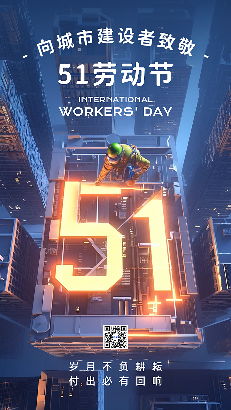 深蓝色五一劳动节建筑工人创意合成致敬劳动者节日祝福手机海报