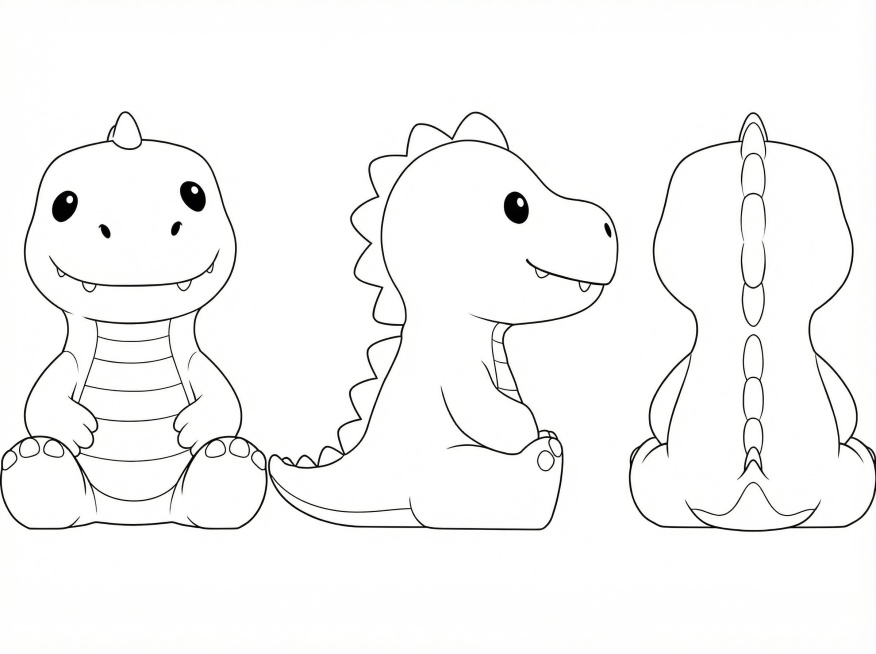 根据图片，生成小恐龙的三视图线稿预览效果