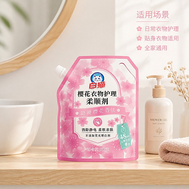 使用电商主图技能生成5张比例1:1的电商主图，适配平台为京东，商品为「图片1」，商品卖点为白猫樱花护理柔顺900克，不要出现其他产品辅助，不要出现第二件半件字眼，需看起来高端，需要一张带简绍的边框的主图，2张简绍图，2张详情图