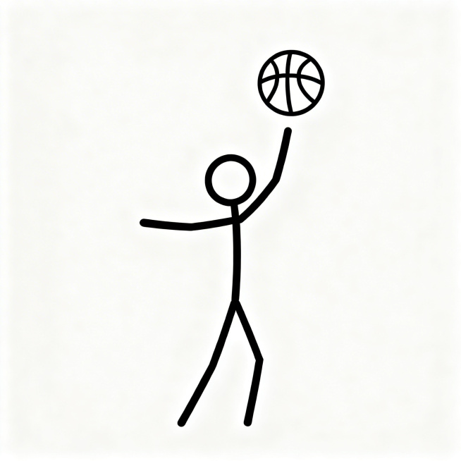 火柴人打篮球运动的简笔画图片，黑色简约线条绘制抬手投篮的火柴人，搭配篮球轮廓，纯白色背景，风格极简预览效果
