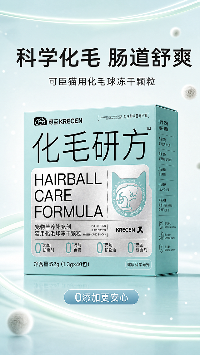 [第1屏] 详情页头图，猫用化毛球冻干颗粒产品海报宣传。本屏使用【图1】作为商品主体。
[氛围/风格] 现代简约科技风，清新浅蓝绿主调，参考图2的干净通透质感，商业摄影高清质感，整体明亮清爽。
[元素布局] 可臣KRECN化毛研方产品包装盒放置在画面中心区域，占据画面65%-70%比例，保持产品包装的浅蓝色、银色装饰、文字排版、品牌标识、净含量52g(1.3g×40包)信息与输入产品图完全一致，保证包装结构比例和颜色准确无误。背景采用渐变浅青蓝色，上下加入柔和发光线条装饰，点缀细碎毛球光影元素，增加科技氛围，不抢夺主体视觉。
[光影质感] 正面柔光打亮产品，轮廓清晰，金属银装饰部分有自然高光，底部柔和投影，整体通透干净，产品质感真实。
[配色色系] 全局底色 #E6F3F2 浅青蓝；主体配色沿用产品本身的薄荷蓝+银白+黑色；辅助色加入浅绿渐变线条，和参考图2保持色调协调。
[视角构图] 正面45度斜视角，产品居中稳定，画面上下预留充足文字区域，阅读动线从上到下自然流畅。
[文字版式] 上方主标题区域：主标题"科学化毛 肠道舒爽"，黑色粗体无衬线，字号大，居中对齐；副标题"可臣猫用化毛球冻干颗粒"，深灰色小字，主标题下方居中。底部信息条区域添加核心卖点"0添加更安心"浅蓝底白字标签。文字清晰不遮挡产品主体，排版和参考图2差异化设计，版式不雷同。
[比例分辨率] 9:16竖版，4K超高清分辨率，文字清晰可辨。
[负向提示词] 包装变形，文字错乱，颜色偏差，产品模糊，背景杂乱，水印，缺件错件，结构错误