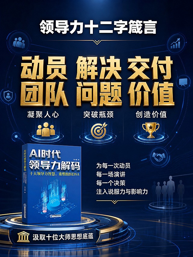 [主图-4] 核心方法论与价值主张，突出领导力十二字箴言，建立方法信任。
[统一基调] 抖音3:4竖版电商主图，专业商务科技风格，深蓝色主色调搭配金色与白色文字，科技感光效点缀，字体为粗黑体主标题+细黑体副标题，整体高端大气有知识权威感。
[画面] 画面中央为三个金色大字模块横向排列，形成视觉焦点，分别对应十二字箴言的三个维度。每个大字模块下方有对应的解释图标与简短说明。图书立体展示在画面左下角，占画面约25%，斜靠在一个科技感台座上。背景为深蓝色渐变，中央有柔和的金色光晕，周围点缀着抽象的领导力相关图标：团队人群、目标靶心、价值奖杯等，呈环绕式分布。
[光影质感] 商业摄影级质感，金色文字有金属光泽和立体感，主光从正上方打下，形成庄重权威的氛围，图书光影与整体环境一致。
[配色] 主色深蓝色(#0A2463)，核心文字金色(#D4AF37)有金属质感，辅助文字白色，图标用科技蓝与金色搭配。
[文字版式] 顶部主标题：领导力十二字箴言，白色粗黑体。中间三个超大金色字模块横向排列：动员团队 解决问题 交付价值，每个词占一列，金色粗黑体极具视觉冲击力。每个词下方有小号白色解释文字：凝聚人心 突破瓶颈 创造价值。底部白色小字：为每一次动员 每一场演讲 每一个决策注入说服力与影响力。左下角图书旁标注：汲取十位大师思想底蕴。
[输出要求] 3:4竖版比例，2K高清，金色文字质感高级，文字清晰锐利，图书外观与原图一致，无变形错字，无水印无平台Logo。