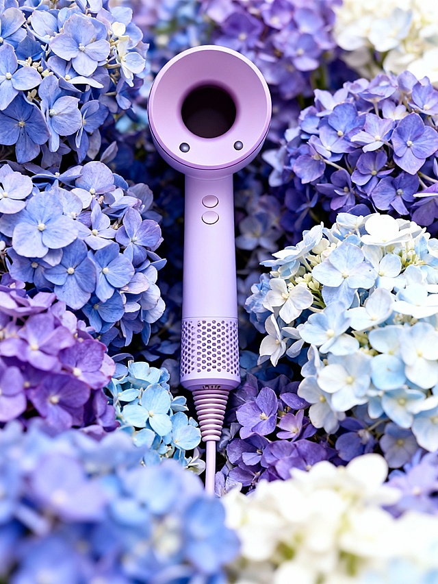 梦幻感与科技感交融，紫色吹风机置于绣球花丛中，轻拟物风与3D质感结合，呈现唯美清新与时尚柔美的虚拟自然场景。