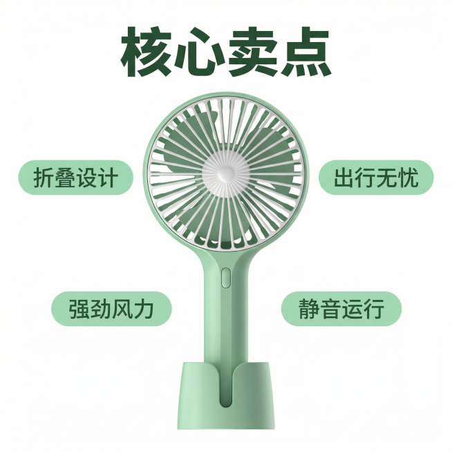 [主图 2] 手持小风扇核心卖点展示
[氛围风格] 简洁清新实用风，明亮干净，突出产品功能
[画面元素] 商业摄影质感、光线柔和通透、产品清晰真实、画面干净高级。浅绿色手持折叠小风扇保持外观与原图一致预览效果