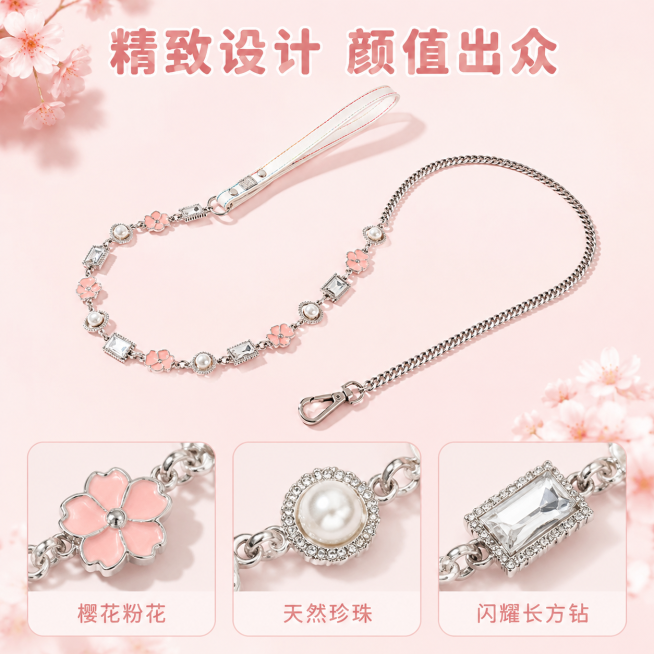 [主图-2]「樱粉星芒」珍珠链条牵引绳核心卖点展示
[氛围风格] 樱花少女轻奢风；
[画质] 商业摄影质感，光线柔和通透，产品清晰真实，画面干净高级。
[元素] 保持珍珠链条牵引绳的外观（粉花+珍珠+预览效果