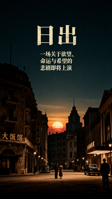 话剧《日出》宣传海报，昏暗的城市大旅馆背景，黎明前的夜色，远处天际透出微弱的日出曙光，氛围感悬疑，带有戏剧悲剧张力，文字上方是标题"日出"，下方配文案一场关于欲望、命运与希望的悲剧即将上演，风格复古民预览效果