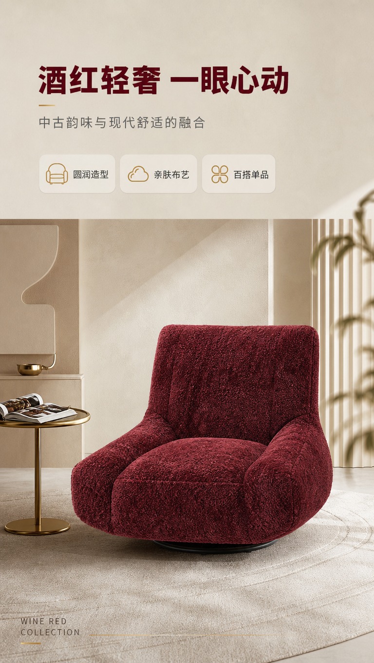 [商品] 使用【图1】酒红色布艺旋转单人休闲椅；保留整体造型、… - 图片创意预览