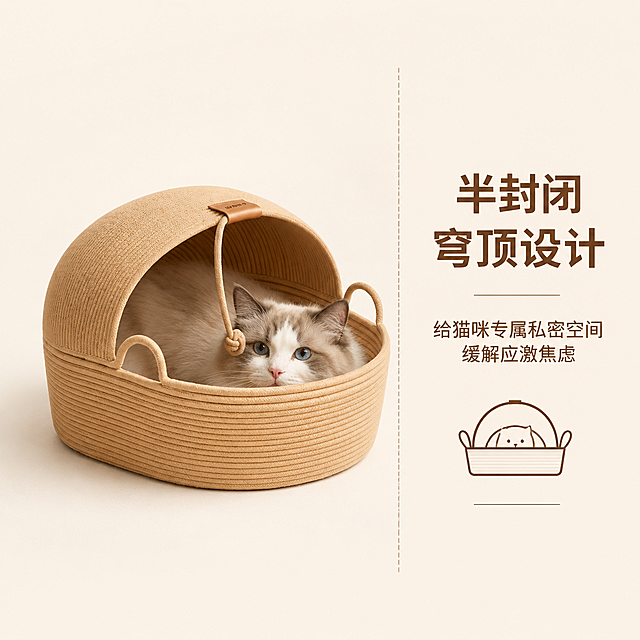 1:1 竖版电商主图，严格还原上传的天然绳编半封闭猫窝产品，包括浅卡其色绳编材质、半封闭穹顶造型、顶部棕色皮质标、绳结装饰、两侧提手等所有细节，产品外观、配色、材质质感完全与参考图一致，保持哑光绳编的天然肌理质感。整体为极简纯色背景，背景为浅米白色，突出产品主体。杂志风排版，画面分为左右两部分：左侧为猫窝特写，一只温顺的布偶猫正半钻进猫窝穹顶内，露出小脑袋，清晰展示半封闭穹顶的包裹式安全感设计；右侧为文字信息区，主标题 "半封闭穹顶设计"，副标题 "给猫咪专属私密空间 缓解应激焦虑"，搭配简约的猫咪躲进猫窝的线条小图标，暖棕色无衬线字体，上下居中排版，文字与产品分区清晰，高级感强。整体画面高清，光影干净，色调统一，无多余元素，卖点可视化。排除模糊、低画质、变形、产品外观改变、配色改变、材质质感改变、结构变形、猫咪姿态不自然、文字错误、画面杂乱、色彩割裂、多余杂物、非 1:1 比例、遮挡产品核心结构的画面