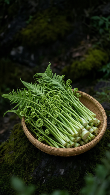 参考图片风格，一篮新鲜蕨菜，深色深绿色山野苔藓背景，没有任何文字，自然无公害，深色系竖版9:16海报预览效果