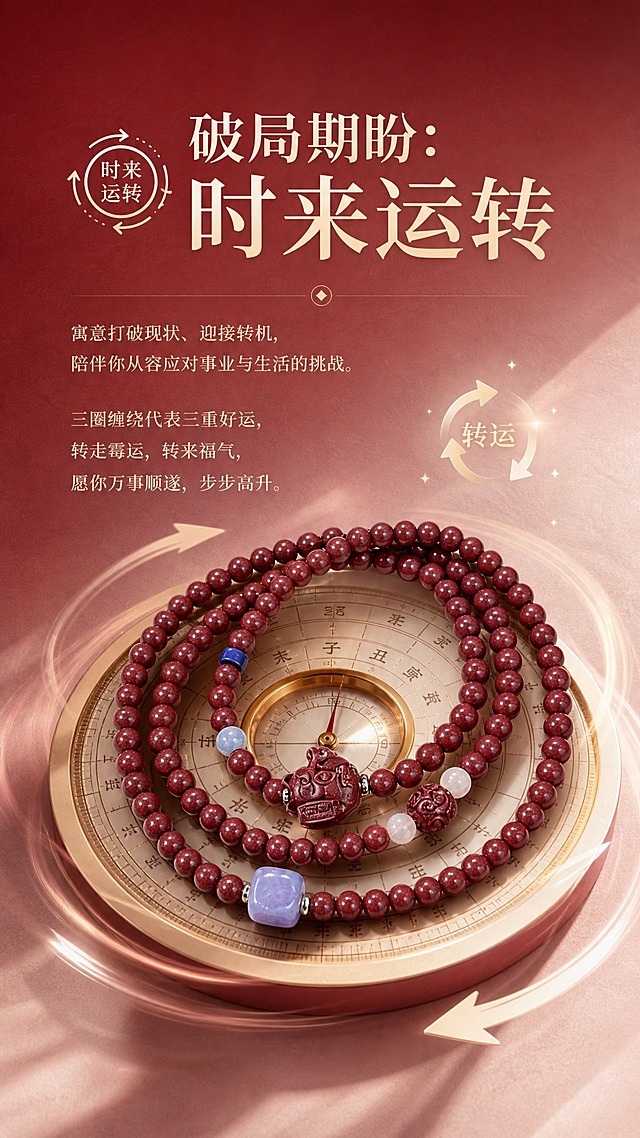 电商详情页卖点图，时来运转寓意卖点，9:16竖版，高级酒红到裸粉渐变背景带纸质感纹理，展示手串与旋转的风水轮/罗盘元素结合的创意画面，配旋转箭头/转运图标，大标题文字"破局期盼：时来运转"，正文文字"寓意打破现状、迎接转机，陪伴你从容应对事业与生活的挑战。三圈缠绕代表三重好运，转走霉运，转来福气，愿你万事顺遂，步步高升"，画面有流动感和希望感，产品外观与参考图完全一致