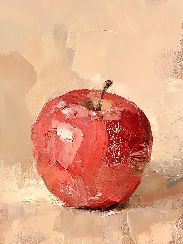 刮刀厚涂油画，简约静物，主体为一个鲜红圆润的红苹果，杰森安德森艺术画风，莫兰迪暖红色调，浓郁颜料堆叠笔触，朦胧柔和光影，治愈温柔氛围，高清艺术画作，简洁背景，突出苹果主体，厚重颜料肌理清晰可见。