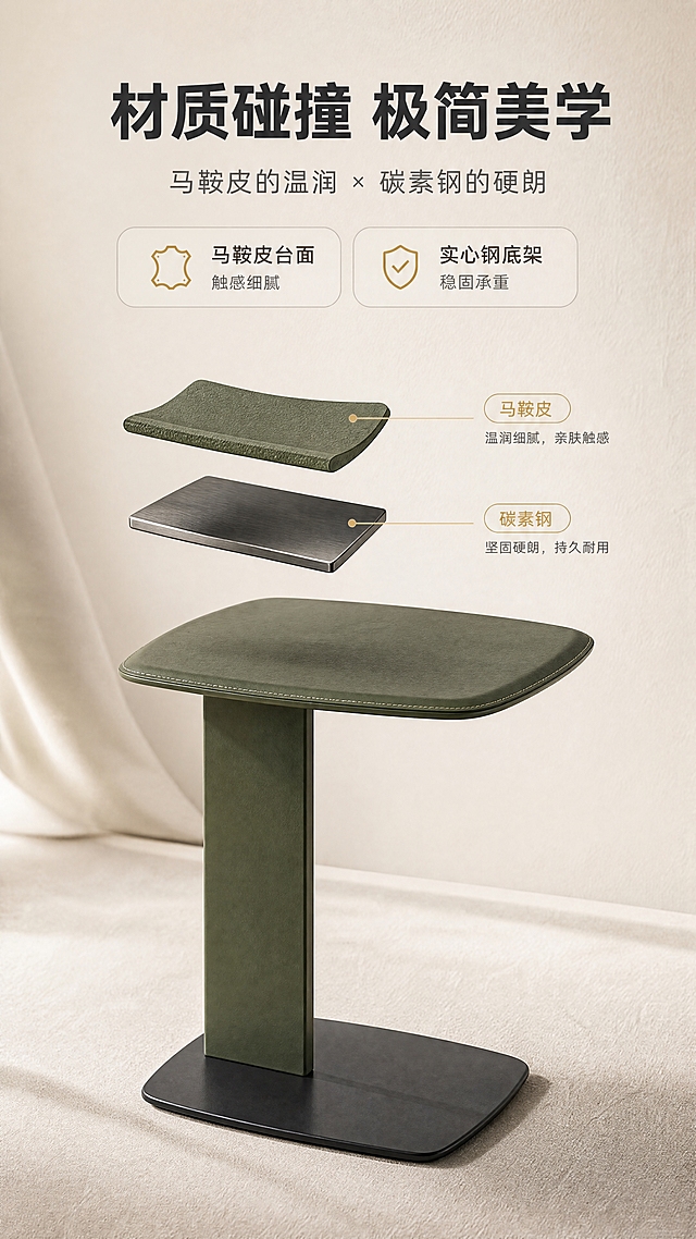 [商品] 使用【图1】DJ-8815橄榄绿角几；保留C型结构、橄榄绿台面、深灰底架造型比例；增强材质质感。
[画面] 目标：设计美学页，讲马鞍皮与碳素钢的材质碰撞与极简设计理念。构图：上文下景，顶部1/4文案区，下方3/4产品特写场景。角几45度侧视摆放，台面上方悬浮一块马鞍皮材质切片与一块碳素钢金属切片，用细线连接到对应部位，表达材质组合。背景为浅米色渐变+细腻纸纹质感。
[视觉] 套系策略：风格=现代轻奢亮调家居商业摄影；标题字=现代无衬线粗体；正文字=简洁无衬线体；主色=米白+浅灰+橄榄绿；背景延展=基于米白浅灰做深浅层级、同色渐变和细腻墙面/织物质感；强调色=暖金色，仅用于小面积图标、引线和标签；标题色=深炭灰；正文色=中暖灰；组件=圆角浅底信息卡、细线引线、胶囊标签；光影=左前侧暖柔光，柔和阴影。
[文字] 顶部文案区：主标题"材质碰撞 极简美学"（8字），副标题"马鞍皮的温润 × 碳素钢的硬朗"（12字），下方2个说明点：「马鞍皮台面 触感细腻」「实心钢底架 稳固承重」。
[规格] 比例9:16竖版，分辨率4K，负向提示：避免变形、错字、文字过小、冷蓝背景、产品颜色改变、结构失真。