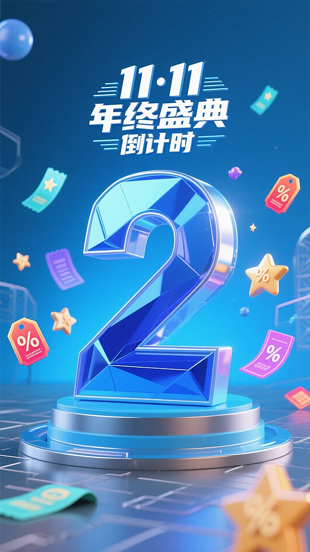 金属艺术字体设计“11·11年终盛典 倒计时2天”中的“2”要大突出，成为画面主体，金属质感，蓝色背景，活动氛围，促销元素包围