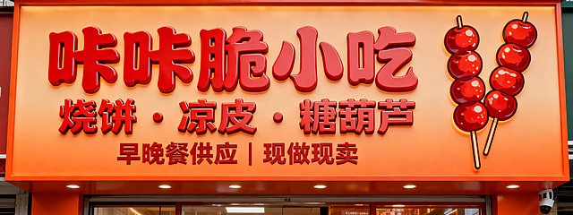 小吃店门头招牌设计，经典食欲风，主底色为暖橙色，主字体为大红色粗圆体，文字内容为一级标题“咔咔脆小吃”，二级标题“烧饼 · 凉皮 · 糖葫芦”，三级标题“早晚餐供应 | 现做现卖”，左侧放置文字，右侧竖向排列几颗糖葫芦图案，整体温暖有食欲，突出红果糖葫芦元素，字体粗厚有力，立体字效果，适合街边门店招牌