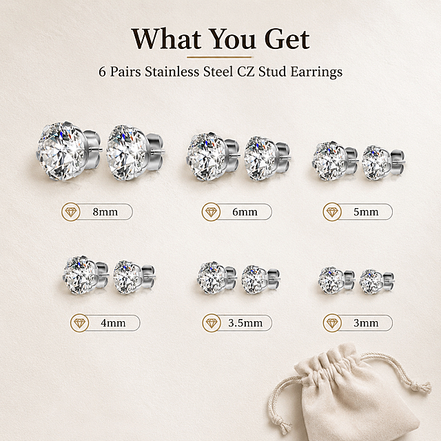 Amazon main image 6, what you get / package contents infographic. Soft light beige background with subtle texture. Flat lay knolling arrangement showing the complete set: 6 pairs of silver crown six-prong cubic zirconia stud earrings in different sizes (3mm to 8mm) neatly arranged in two rows of three pairs. Each pair is clearly visible with size difference. Small elegant jewelry gift pouch or velvet bag placed in corner as packaging element. Top of image has a clean English title: 'What You Get'. Below title: '6 Pairs Stainless Steel CZ Stud Earrings'. Small icon-style labels next to each size row indicate '3mm-8mm Assorted Sizes'. Clean minimalist composition, evenly spaced, professional product flat lay photography. Soft overhead studio lighting, crisp details, polished metal and sparkling stones. No Chinese characters, no logos, no brand marks. Keep all earring designs identical to reference product image. 1:1 square ratio.