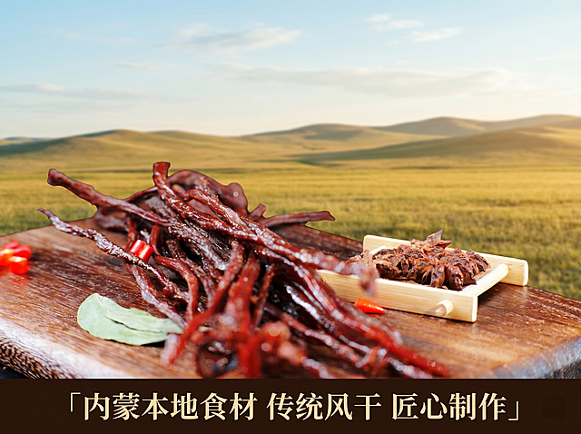 [辅助图-4] 4:3横版超干小金丝牛肉干融入草原元素，画面标注「内蒙本地食材 传统风干 匠心制作」，排版清晰彰显产地品质；整体暖调自然风格，保持牛肉干形态纹理与输入产品图绝对一致，杜绝变形；浅青草地背景点缀浅蓝天空远山，营造内蒙产地氛围，牛肉干放置前景居中；文字放置在画面底部，浅色字体清晰不遮挡主体，排版整齐；自然暖光，层次分明，产地氛围突出；4:3比例，2K分辨率，文字清晰，超高清；负向提示词：变形，水印，文字错乱，产品图模糊，背景杂乱
