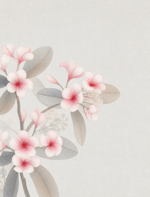 图1变成图2的风格效果，鸡蛋花主题东方线描装饰画，极简禅意新中式风格，用细腻平行线条塑造花瓣与叶脉形态，线条疏密变化表现层次，低饱和度浅灰底色，主花用红/粉渐变线条，背景花叶用灰/棕/米白层次晕染，无预览效果