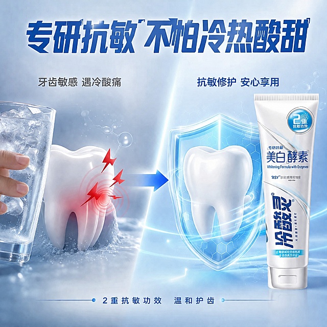[主图-7] 冷酸灵美白酵素牙膏 抗敏感痛点解决示意图
[氛围风格] 专业医学感 蓝白科技风 可信专业
[画质] 超高清商业插画摄影结合质感 画面干净专业
[元素] 画面采用左右分栏结构 左侧展示牙齿敏感痛点场景 一杯冰水靠近牙齿 牙齿有酸痛波纹示意 右侧展示冷酸灵美白酵素牙膏管和健康牙齿 牙齿周围有蓝色保护盾 保持牙膏产品外观与输入产品图绝对一致 杜绝变形色差 中间用箭头连接表示改善 背景为浅蓝渐变 底部有柔和投影 商品主体占比约40% 画面满屏无边框
[光影] 顶部均匀柔光 左侧痛点区域略暗 右侧解决方案区域明亮 形成对比 牙膏管和保护盾有通透光效 整体专业可信
[配色] 主色白色 医用蓝 辅色浅灰蓝 保护盾亮蓝
[视角构图] 正面平视 左右对比构图 视觉流向从左到右 层次分明
[文字版式] 顶部居中大字标题"专研抗敏 不怕冷热酸甜" 蓝色粗体 左侧痛点上方小字"牙齿敏感 遇冷酸痛" 灰色 右侧解决方案上方小字"抗敏修护 安心享用" 蓝色 底部一行小字"2重抗敏功效 温和护齿" 文字全部放在负空间 不遮挡产品主体 字体现代无衬线 清晰可读
[输出要求] 1:1比例 文字清晰可辨 超高清商业质感
[负向提示词] 变形 文字错乱 产品模糊 背景杂乱 水印 电商平台Logo 人物全脸