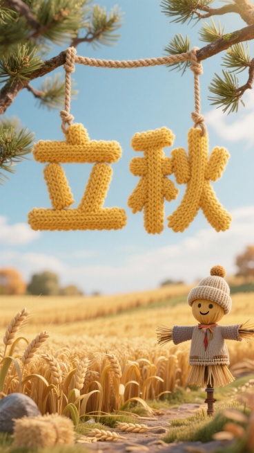 画面中央为金黄色针织质感的 “立秋” 立体字（通过麻绳悬挂于松枝间），下方麦田场景中有一个戴针织帽的稻草人、田边，秋日氛围预览效果