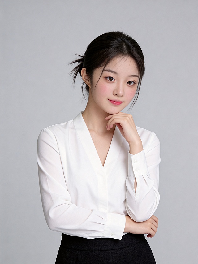 参考第一张图保留人物脸型､年龄等特征生成职场形象照,参考第二张图人物占位和比例,标准焦段50mm,F/4光圈(F/2.8-F/4区间),平视视角(镜头与人物视线齐平);人物占画面70%,人物居中(居中构图),位于画面中心,为视觉聚焦点,入境范围头部及以下至臀部下方10cm(半身像);左右留少量背景空间;头部与画面顶部保留5%空间;头部发型完整;原生肤质白皙细腻(通透自然),韩式精致浓妆(整洁清透通勤妆容)冷调玻璃肌通透底妆,肤质细腻,冷调白皙,极淡裸粉哑光眼影打底,极细内眼线填充睫毛根部,大直径深棕色带细微高光点的自然款美瞳;边缘模糊无生硬轮廓;唇妆:粉调草莓红镜面水光唇釉,唇形饱满､唇峰清晰､唇面透亮光泽,唇周无晕染;腮红:淡粉色氛围感腮红轻扫苹果肌内侧,无明显妆感;身着净白色V领韩式长袖衬衫(优选细腻棉质面料,自带柔和垂坠感,V领弧度修饰颈部线条,袖口微收利落不拖沓);下搭高腰黑色哑面羊毛混纺材质包裙(高腰线设计,通勤感)｡发型为韩式精致高束发,鬓角与颈侧几缕轻盈碎发随性柔和灵动;姿态优雅松弛:左手手轻托下颌;右手自然交叉于臂弯,身姿随性有度,自然松弛感站立姿势｡唇角微微浅笑,眼神澄澈灵动温和明亮,看向镜头,自带职场女性的专业与亲和感;画面整体干净清爽,自信从容｡专业棚拍人像写真,柔和自然布光,4800K中性光色温,面部光比精准控制1:1.3,面部光线均匀;主体锐利清晰,背景:极简纯中度灰色背景(光线呈现均匀柔和干净通透质感),严格按照第一张图内容生成。