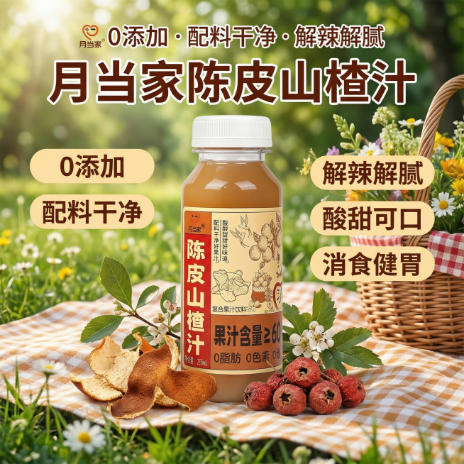 基于原瓶身图片，生成一张陈皮山楂汁淘宝主图，商品为月当家陈皮山楂汁，核心卖点是0添加，配料干净，解辣解腻，酸甜可口，消食健胃，风格为户外野餐场景，清新自然，适合淘宝平台展示，突出酸甜可口卖点预览效果