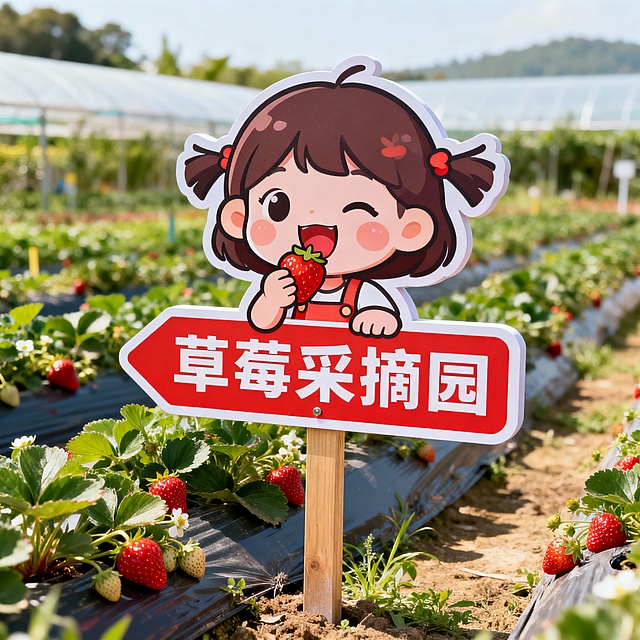 生成一张草莓采摘园指示牌。有个卡通形象小姑娘吃草莓。