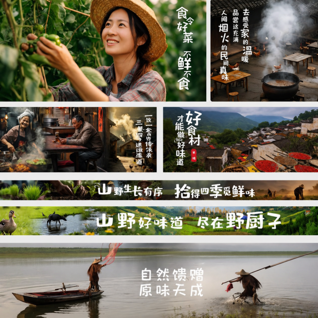 参考原图的排版和风格，保留所有文字内容和画面场景，重新生成整张图片，移除画面中的所有水印，保持乡村美食农耕主题的自然写实风格预览效果