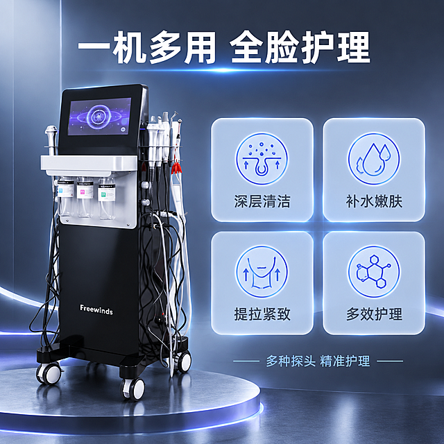 [主图-2] 核心价值与关键卖点，展示皮肤管理综合仪四大核心功能，传递一机多用高价值感。
[统一基调] 科技医美风，深灰蓝渐变背景，冷调科技光效，主标题白色粗体无衬线字，辅助字浅灰蓝色，强调色科技蓝紫光，圆角卡片与细线条图标，整体专业高端院线感。
[画面] 产品位于画面左侧，约占画面45%，正面视角展示完整机身。右侧分布四个圆角半透明卡片，呈2x2矩阵排列，每个卡片配一个简约线条图标和功能名称：深层清洁、补水嫩肤、提拉紧致、多效护理。卡片之间有细微蓝色光效连接，象征多功能集成。卡片下方有一行小字说明「多种探头 精准护理」。
[光影质感] 商业摄影质感，产品光影与首图一致，左侧主光，机身黑色烤漆质感真实，屏幕有微光，卡片有轻微玻璃拟态半透明效果，带微弱内发光。
[配色] 背景深灰蓝渐变，卡片半透明白色底+浅蓝描边，图标科技蓝色，主标题白色，功能名称深灰色，强调光效蓝紫色。
[文字版式] 顶部居中主标题「一机多用 全脸护理」，白色粗体大字。右侧四个卡片内分别标注「深层清洁」「补水嫩肤」「提拉紧致」「多效护理」，深灰色中等字号，每个文字上方对应一个简约线条图标。底部辅助说明文字浅灰色小号。
[输出要求] 1:1正方形2048px，产品清晰，文字清晰可读，排版整齐，无水印无平台Logo。禁止产品变形、功能图标与实际不符、文字模糊、画面杂乱。
