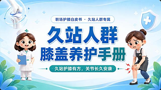 基于参考图风格制作16:9横版封面，保持原图的3D卡通Q版人物风格、蓝青医疗配色、圆角卡片模块、清新渐变背景、医疗盾牌与膝关节图标等视觉语言完全统一。画面为封面版式，居中大标题：「久站人群膝盖养护手册」，上方小字标签：「职场护膝白皮书 · 久站人群专属」，下方副标题：「久站护膝有方，关节长久安康」。左右两侧点缀与原图风格一致的3D卡通Q版人物（左侧护士形象、右侧扶膝疼痛的职场女性形象），左上角保留膝关节3D示意图，右上角保留医疗十字盾牌图标，底部有绿色植物叶片装饰。整体干净清爽、专业科普感，与原图风格100%统一，横版构图饱满，文字清晰醒目。