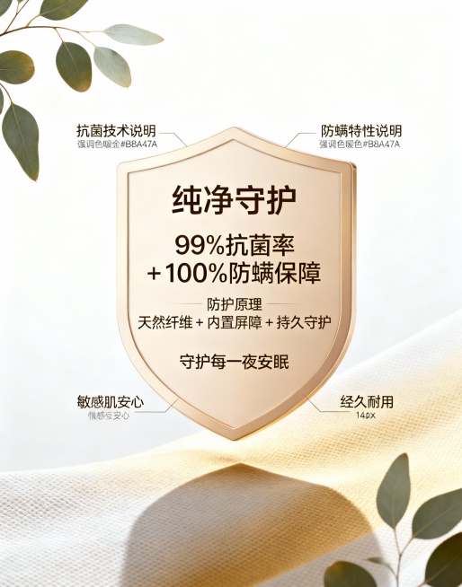 画面描述：
优雅的盾牌形状构图悬浮在白色空间中

包含桉树叶和面料纹理元素

极简几何设计风格
柔和的金色与白色配色

微妙的阴影效果

现代平面设计美感
信息架构：
盾牌内部（核心信息）
标题：纯净预览效果