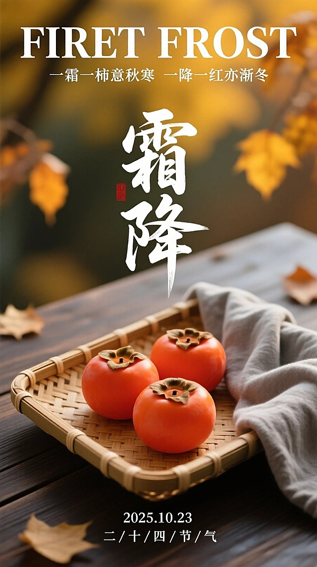 画面主体是竹编托盘，旁边搭着灰色布巾，里面放着三个柿子；画面顶部白色宋体副标题“FIRET FROST” 英文，以及宋体小字“一霜一柿意秋寒 一降一红亦渐冬” ；中间竖排标题 “霜降” 书法艺术字；底部白色小字“2025.10.23  二/ 十 / 四  / 节 / 气”，背景为带有暖黄秋叶的朦胧景象与深色木质桌面