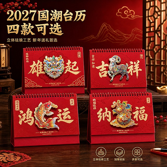 淘宝主图，1:1正方形，2048x2048px，2K高清。画面展示4款2027年国潮红金台历组合陈列，4款台历分别为：左上瑞狮纳福雄起醒狮款、右上吉祥如意生肖羊款、左下鸿运当头锦鲤款、右下纳福迎祥葫芦款。4款台历错落有致地摆放在新中式书桌面上，前后层次分明，每款台历都完整展示正面，产品整体完全不变：外观、颜色、图案、立体珐琅彩浮雕工艺、红色线圈、红金配色、压纹底纹、书法大字均与输入产品图完全一致，保持高清清晰度。背景为新中式国潮喜庆场景：深红色渐变背景搭配金色祥云纹理、淡金色山水线条和古典窗格剪影，营造新年喜庆高级氛围；桌面为深胡桃木质感，台历底部有自然柔和的接触阴影，不悬浮。画面左上角留白处放置主标题文字「2027国潮台历 四款可选」，字体为大气书法宋体，金色描边，字号醒目；下方小字副文案「立体珐琅工艺 新年送礼首选」，字体为细黑体，金色。右下角放置3个轻量卖点图标+短句：立体珐琅工艺、加厚纸张、多款可选。整体风格高级喜庆，国潮质感，商业摄影级光影，主光从左上方斜射，产品表面有细腻高光，红金配色饱满有质感，景深自然，背景适度虚化突出主体。文字清晰可读，不遮挡台历主体。禁止变形、错字、模糊、水印、平台Logo、杂乱元素、产品悬浮、颜色偏差、产品图案改动。