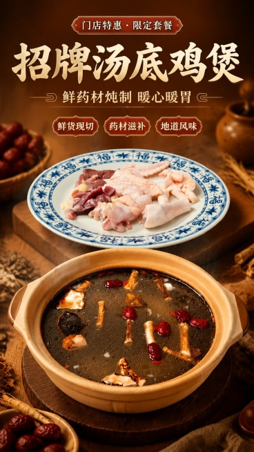 写实商业摄影风格9:16竖版海报，主题是汤底套餐鸡煲餐饮店，海报主标题："招牌汤底鸡煲"，副标题："鲜药材炖制 暖心暖胃"，装饰文案："门店特惠 · 限定套餐"，卖点标签："鲜货现切" "药材滋补"预览效果