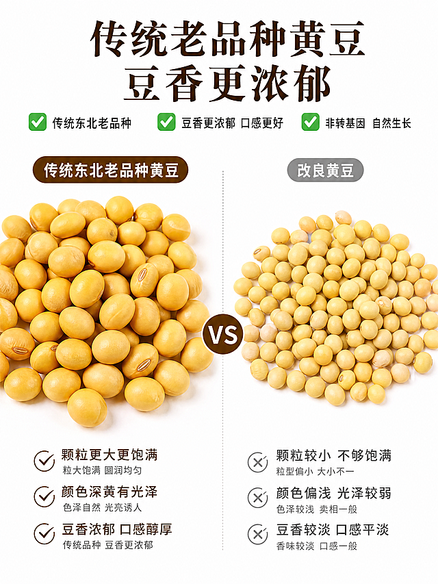 [主图-2] 老品种黄豆对比介绍图，简约专业左右分屏。纯白背景，商业摄影清晰质感。左屏传统东北老品种黄豆，颗粒饱满深黄；右屏改良黄豆，颗粒偏小浅黄，标注差异。主体占比70%，满铺无边框。均匀柔和灯光，色彩对比清晰。标题居中"传统老品种黄豆 豆香更浓郁"，下方勾选文案：✅ 传统东北老品种 ✅ 豆香更浓郁 口感更好 ✅ 非转基因 自然生长，排版清晰。3:4比例，4K分辨率。负向提示词：变形，水印，文字错乱，背景杂乱