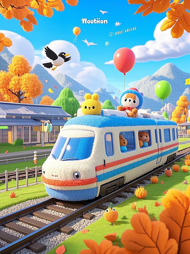 卡通风格插画，拟人化火车与萌宠，清新可爱，秋日氛围。