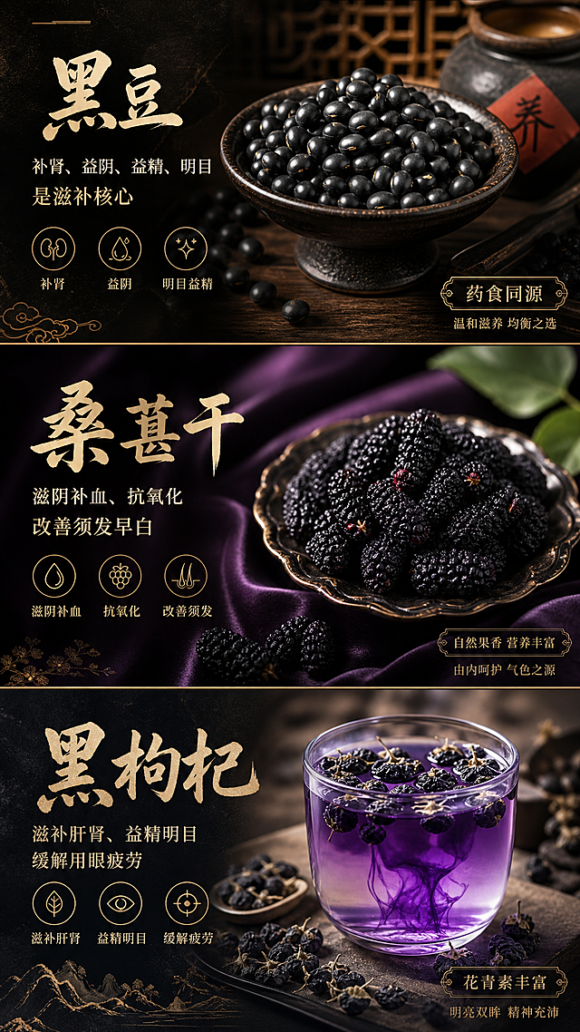 电商分屏详情页，分别介绍黑豆、桑葚干、黑枸杞三种核心滋补食材功效：黑豆补肾益阴益精明目是滋补核心，桑葚干滋阴补血抗氧化改善须发早白，黑枸杞滋补肝肾益精明目缓解用眼疲劳，每种食材单独模块展示，温润滋补深色风格