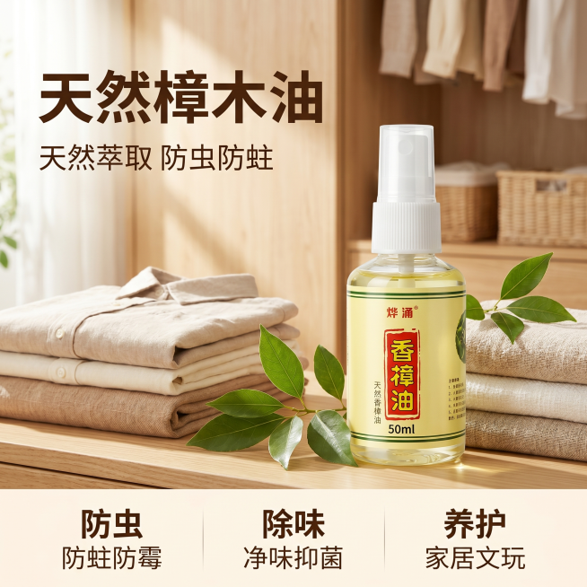 [主图-1] 天然樟木油产品首图，展示产品融入整洁温馨的家居场景。
[氛围风格] 天然清新，实用家居风，原木自然氛围感。
[画质] 商业摄影质感、光线柔和通透、产品清晰真实、画面干净高级。保持樟木油产预览效果