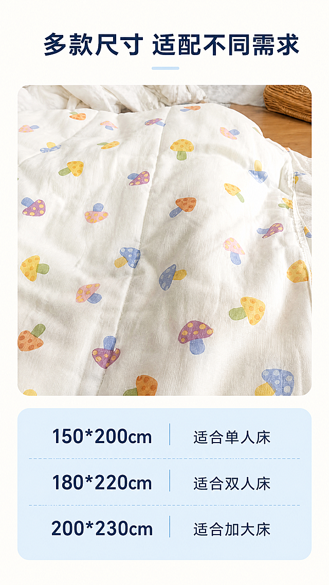 [第7屏] 尺寸规格选购指南，清晰列出常见尺寸参数，方便用户选择。
[氛围/风格] 清晰简约信息风，排版干净易读。
[元素布局] 上半部分放置夏凉被整体展示图，本屏使用【图1】，保留蘑菇印花和颜色不变，占据上半部分40%区域；下半部分做规格参数表，用圆角卡片列出常用尺寸，排版整齐清晰，保持产品原有图案颜色不改变。
[光影质感] 整体均匀明亮，参数文字清晰，产品主体自然真实。
[配色色系] 全局底色 #fefdf9（奶白），参数卡片用浅蓝底色，文字深色清晰。
[视角构图] 上图下文排版，符合移动端竖屏阅读，规格表清晰易查。
[文字版式] 顶部主标题「多款尺寸 适配不同需求」，下方规格表列出：150*200cm 适合单人床、180*220cm 适合双人床、200*230cm 适合加大床，清晰对齐排版，方便查看。
[比例分辨率] 9:16竖版比例，4K分辨率，文字清晰可辨。
[负向提示词] 表格错乱，文字模糊，产品变形，颜色偏差。
