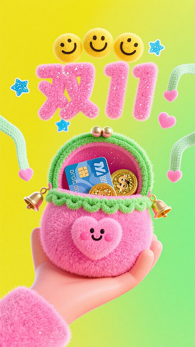 核心是粉色毛绒材质的圆形零钱包，边缘缝有鲜绿色的针织花边，一只粉红色的手从左下方托住零钱包，使其开口朝上完全展开，包内露出几张带有卡通图案的银行卡，还混着几枚金色亮片质感的金币与粉色毛绒爱心。零钱包四周向心悬浮着丰富元素：“双 11” 艺术字以粉色毛绒为基底，表面覆着一层细闪，紧贴零钱包上方；3 个黄色笑脸、2 个粉色爱心饰品、2 个蓝色星星贴纸围绕零钱包分布；3 条浅绿色棉质短飘带垂坠着迷你铃铛，仿佛微微晃动。背景为从荧光黄向荧光绿过渡的渐变色调，色彩对比鲜明，构图主次分明，既展现出潮流个性，又营造出活力满满的现代感，传递出年轻时尚的生活与消费理念。