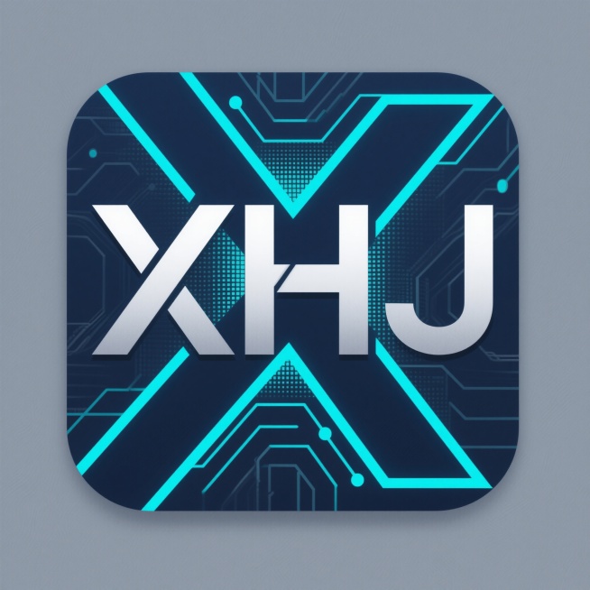 XHJ现代简约科技感个性图标logo，以X、H、J三个字母为核心设计元素，采用简洁的居中构图，字母间通过线条连接或部分结构共享形成有机整体。主色调为深邃的深蓝色或科技灰，搭配高亮度的霓虹蓝、浅青色或银预览效果