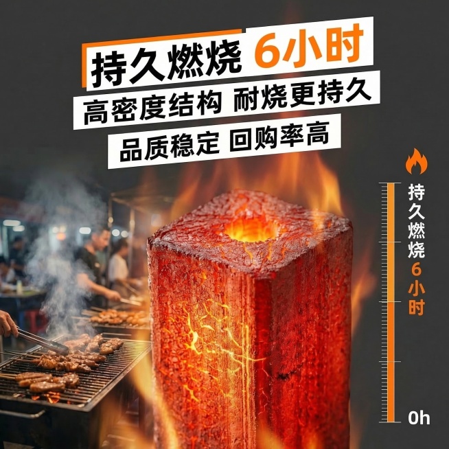 淘宝1:1主图，保留文案和背景不变，将竖向放置的炭块修改为燃烧红色通红状态，保留原有纹理结构，炭心呈现燃烧红热效果，整体颜色鲜亮饱和度高，文案“持久燃烧6小时 高密度结构 耐烧更持久 品质稳定 回购率预览效果