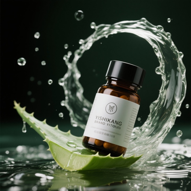 1. 主体物
核心：1 瓶棕褐色玻璃胶囊瓶（黑色哑光瓶盖），瓶身贴有白底标签（含英文品牌名 “YISHIKANG BRAND YITONG CAPSULES”、简约图标）。
位置：偏画面右侧，被水花半预览效果