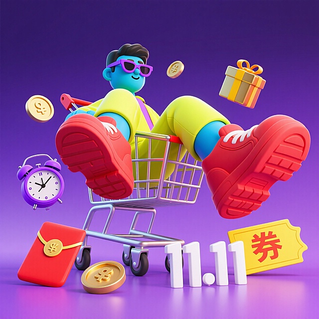 卡通感3D风格，软体角色躺卧购物车，搭配金币、红包与“11.11券”元素，塑料质感与波普色彩营造趣味促销氛围，突出双十一节日狂欢主题。