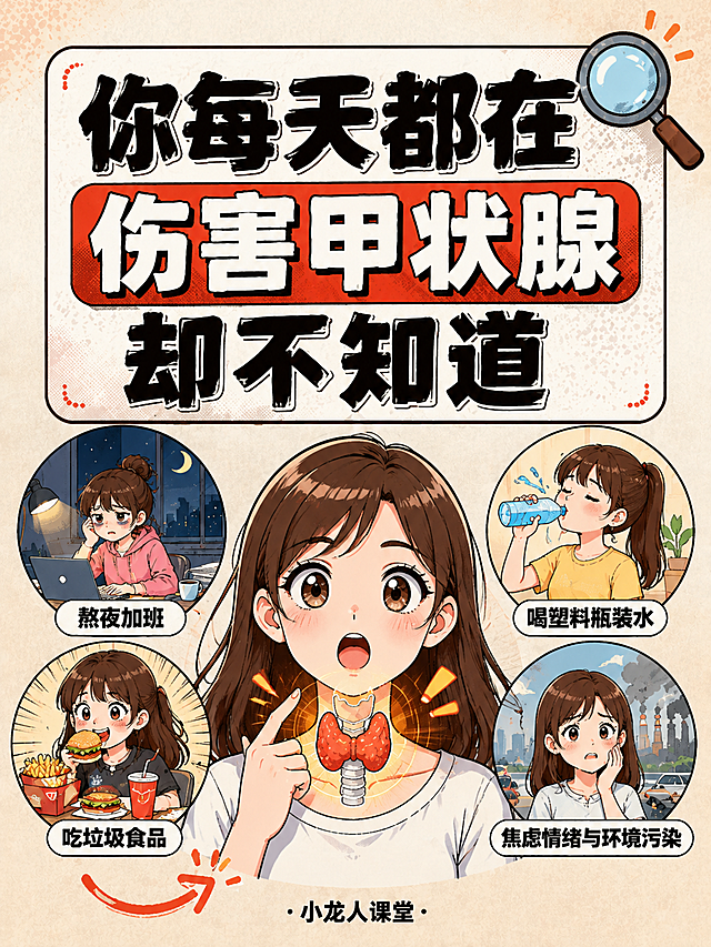 将这张甲状腺科普小红书封面整体改为日系漫画风，线条清晰，网点纸质感，手绘漫画笔触。保留原构图、所有文字内容与四个小场景布局不变：主标题「你每天都在伤害甲状腺却不知道」、底部「·小龙人课堂·」、四个场景标签「熬夜加班」「喝塑料瓶装水」「吃垃圾食品」「焦虑情绪与环境污染」，以及中央女生和甲状腺示意图。人物改为漫画少女画风，表情夸张有张力，场景用漫画分镜圆形框呈现，背景为浅米色漫画纸质感带轻微网点，整体风格活泼醒目，符合小红书漫画科普封面调性。文字保持清晰可读，版式精美，信息层级清晰。