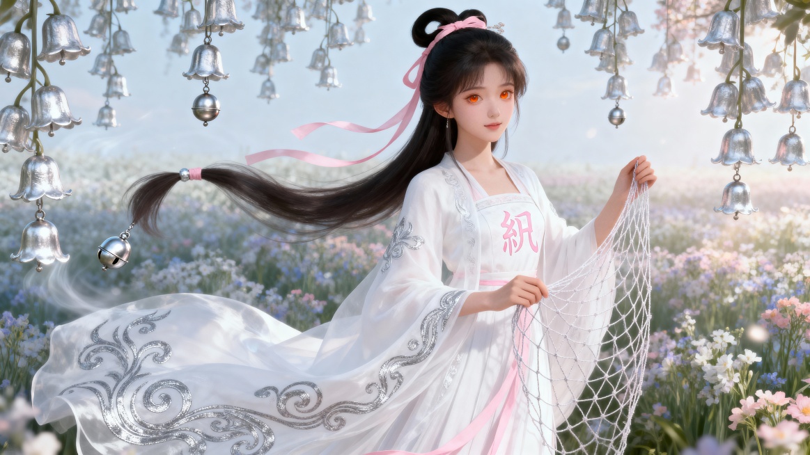 织情者（温婉侍女）
指令：古风玄幻风格，穿月白长裙的温婉侍女，裙摆绣银线暗纹，发系淡粉丝带，尾椎垂银铃，暖橘色眼眸，手持丝线编织情网，背景是飘着银铃的情道花田，长裙绣浅粉 “织” 字纹，整体色调月白预览效果