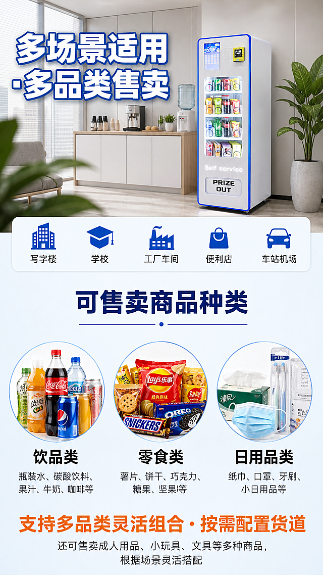 [详情页-4 摆放与可售商品页] 16货道立式自动售货机摆放位置与可售商品页，9:16竖版，上半部分场景+下半部分可售商品展示。
[氛围风格] 生活商务风，清新自然，丰富实用；
[画质] 商业摄影质感+设计排版、场景真实、商品丰富、文字清晰锐利、画面干净。
[元素] 页面上半部分约40%为场景展示图：现代办公室茶水间角落放置着一台立式16货道自动售货机，3/4正面视角，白蓝配色，透明橱窗摆满商品，保持外观与输入产品图一致。场景明亮干净，浅色调突出机器。页面下半部分约55%为可售商品+适用场景区域，浅蓝白色背景。
[配色] 主色浅蓝白 #F0F8FF；辅色深蓝色标题、橙色强调、多彩商品图；丰富清新。
[排版结构] 从上到下依次为：
1. 顶部场景图区域：办公室茶水间售货机实景，图上有大标题文字叠加在左上角："多场景适用 · 多品类售卖"，白色粗体超大号字+蓝色描边，非常醒目；
2. 场景图下方有五个适用场景小图标横向排列，每个图标+文字：
   - 大楼图标+"写字楼"
   - 毕业帽图标+"学校"
   - 工厂图标+"工厂车间"
   - 购物袋图标+"便利店"
   - 汽车图标+"车站机场"
3. 大标题"可售卖商品种类"，深蓝色超粗体大号字，下方有蓝色装饰线；
4. 三大品类三列横向排列展示，每个品类有圆形商品图+品类名称+说明文字：
   - 左侧：圆形饮料图（瓶装水/可乐/果汁），标题"饮品类"，黑色粗体大字，说明"瓶装水、碳酸饮料、果汁、牛奶、咖啡等"灰色小字；
   - 中间：圆形零食图（薯片/饼干/巧克力），标题"零食类"，黑色粗体大字，说明"薯片、饼干、巧克力、糖果、坚果等"灰色小字；
   - 右侧：圆形日用品图（纸巾/牙刷/口罩），标题"日用品类"，黑色粗体大字，说明"纸巾、口罩、牙刷、小日用品等"灰色小字；
5. 中间一行大字"支持多品类灵活组合 · 按需配置货道"，橙色粗体大字；
6. 底部补充说明："还可售卖成人用品、小玩具、文具等多种商品，根据场景灵活搭配"，深灰色中号字。
所有文字大且清晰可读，商品展示丰富，层级分明。
[输出要求] 9:16竖版比例，文字清晰锐利，超高清商业设计质感。
[负向提示词] 变形，文字错乱，模糊，水印，电商平台Logo，机器变形，颜色偏差，人物面部。