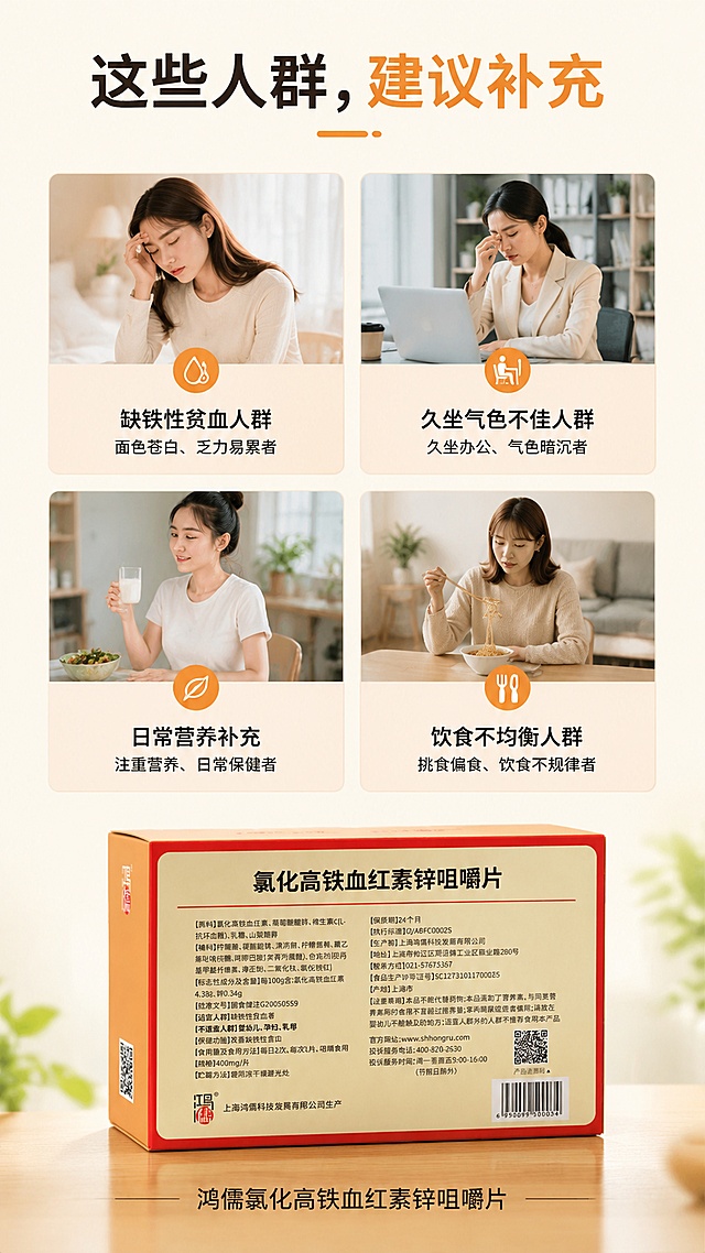 [第5屏] 适用人群展示页，明确鸿儒氯化高铁血红素锌咀嚼片适用人群。本屏使用【图1】产品图。
[氛围/风格] 友好清晰展示，简约生活化风格，亲切自然。
[元素布局] 顶部标题，中间四宫格布局展示四类适用人群，每个格子一张简约生活场景小图搭配文字说明，底部展示完整产品包装盒，整体排布整齐不拥挤。
[光影质感] 整体光线均匀明亮，各区域细节清晰，生活化场景自然柔和。
[配色色系] 全局底色 #FAF3EB，主色暖橙，每个格子用浅米底色区分，文字黑色，柔和舒适。
[视角构图] 网格排版，从上到下阅读，动线清晰。
[文字版式] 顶部主标题「这些人群，建议补充」，四宫格分别标注：「缺铁性贫血人群」「久坐气色不佳人群」「日常营养补充」「饮食不均衡人群」，底部标注产品名称，文字大小均匀，手机端清晰可读。
[比例分辨率] 9:16竖版比例，4K分辨率，文字清晰可辨，高清画质。
[负向提示词] 虚假承诺，夸大适用范围，产品变形，文字模糊，场景怪异。