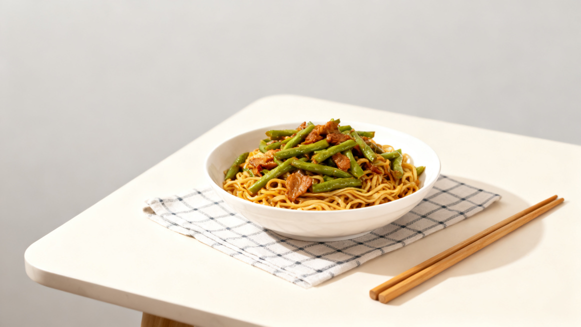 豆角焖面，米白色底色，桌面带有格子垫布和筷子预览效果