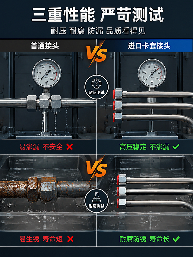[第6屏] 性能测试-卡套液压钢管耐压耐造防漏可视化对比。本屏使用【图1】作为商品主体。
[氛围/风格] 工业实验风 专业严谨 数据可视化 冷灰金属调 商业摄影质感
[元素布局] 画面左右对比布局 左侧为普通钢管接头 右侧为本品卡套液压钢管 中间用VS分隔 上方为耐压测试场景 下方为耐腐蚀测试场景 上半部分耐压测试 本品一侧显示高压环境下管路稳定 无渗漏 普通款一侧显示接头处有渗漏示意 下半部分耐腐蚀测试 本品一侧显示腐蚀环境下碳钢表面依然完好 普通款一侧显示表面生锈腐蚀 背景为深灰蓝实验风格底色 产品物理结构 比例轮廓 关键部件 材质质感 颜色与输入产品图一致 管身为碳钢哑光质感
[光影质感] 实验台顶光均匀照明 碳钢表面哑光高光柔和 测试场景有明确光影 整体冷调专业光感
[配色色系] 全局底色 #2C3E50深灰蓝 主色碳钢哑光银灰 辅助色工业蓝 对比强调用红色警示与绿色合格标识
[视角构图] 平视角度 左右对比结构 上下两层测试 阅读动线从上到下 从左到右 景深中等 突出对比效果
[文字版式] 顶部居中主标题三重性能 严苛测试 白色大号粗体无衬线 副标题耐压 耐腐 防漏 品质看得见 浅灰色小号 中间VS标识用橙色粗体 左右两侧顶部标签 普通接头 vs 进口卡套接头 白字 上半部分耐压测试 下方标注 高压稳定 不渗漏 vs 易渗漏 不安全 绿色与红色文字 下半部分耐腐蚀测试 下方标注 耐腐防锈 寿命长 vs 易生锈 寿命短 绿色与红色文字 字体现代无衬线
[比例分辨率] 3:4竖版比例 4K分辨率 文字清晰可辨 高清画质
[负向提示词] 变形 水印 文字错乱 文字过小 缺件错件 结构错误 颜色偏差 产品图模糊 背景杂乱